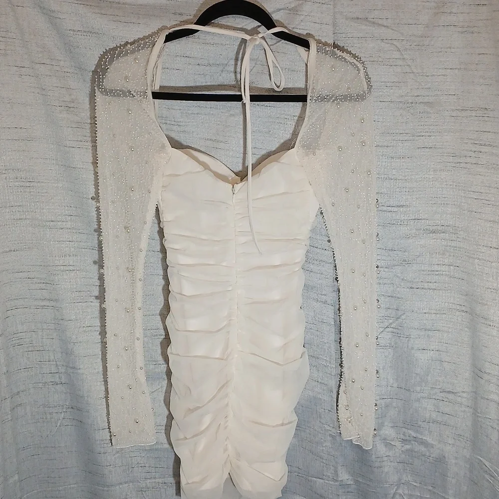 Oh Polly ST. Germain Embellished Long-Sleeve Mini White Dress Sz 0 - Picture 5 of 10